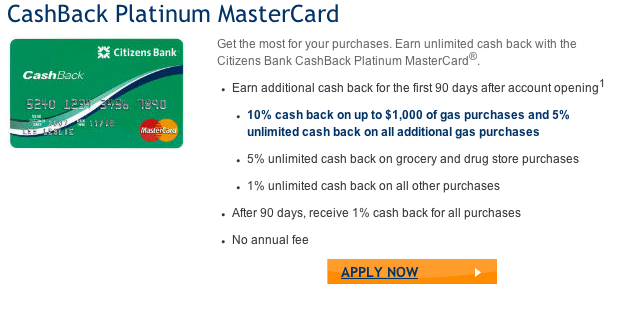 CashBack Platinum MasterCard   Citizens Bank