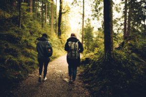two people walking on a path in the woods